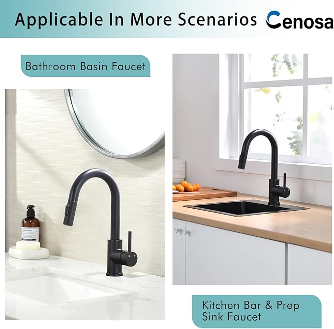 Cenosa Modern Bar Sink Faucet for Kitchen Sink Single Handle with Pull Out Sprayer Hot and Cold Prep Sink Faucet Matte Black