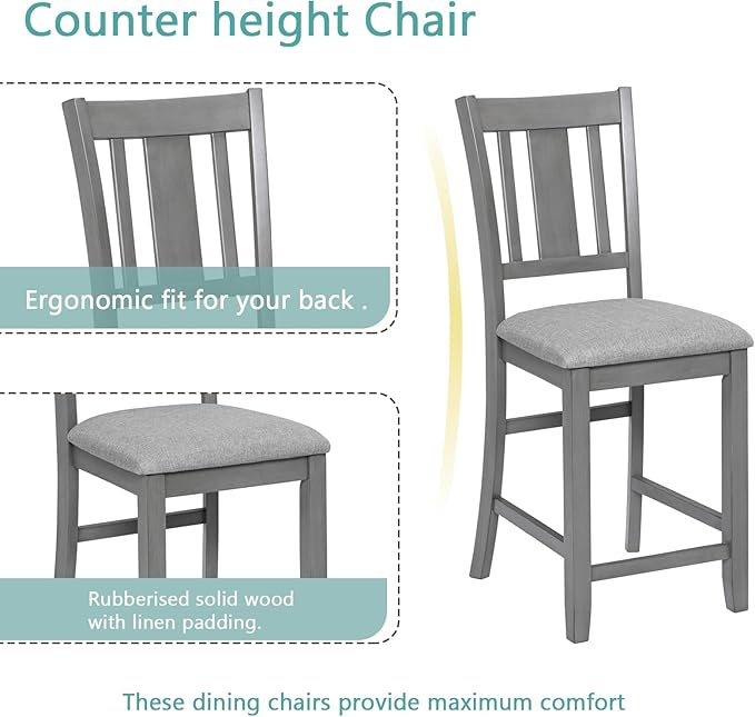 5-Piece Counter Height Solid Wood Dining Table Set for 4, Square Kitchen Table with 4 Upholstered Slatted-Back Chairs, Modern Gray Dining Set for Kitchen and Dining Room