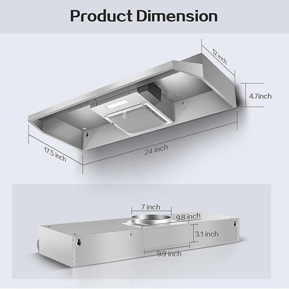 24 inch Range Hood Under Cabinet, Stainless Steel Kitchen Hood 280CFM, Ducted/Ductless Vent Hood with Rocker Button Control, Stove Hood with 2 Speeds Fan, Bright LED Light