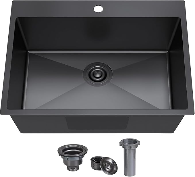 KINGO HOME 25x22 Inch Black Drop In Kitchen Sink, 25 Inch Gunmetal Black RV Laundry Utility Sinks, Top Mount 16 Gauge Stainless Steel Single Bowl Deep Small Kitchen Sink