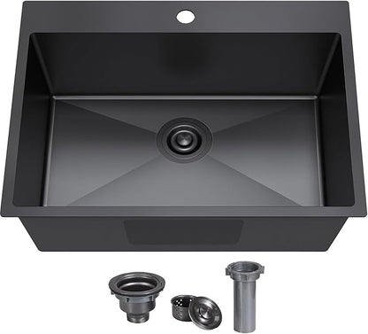 KINGO HOME 25x22 Inch Black Drop In Kitchen Sink, 25 Inch Gunmetal Black RV Laundry Utility Sinks, Top Mount 16 Gauge Stainless Steel Single Bowl Deep Small Kitchen Sink