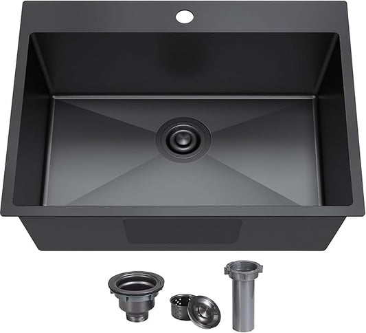 KINGO HOME 25x22 Inch Black Drop In Kitchen Sink, 25 Inch Gunmetal Black RV Laundry Utility Sinks, Top Mount 16 Gauge Stainless Steel Single Bowl Deep Small Kitchen Sink