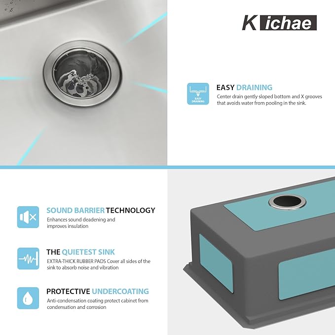 Kichae 25 Undermount Kitchen Sink - 25"x19" Kitchen Sink Stainless Steel Ledge Workstation Single Bowl Under Counter All In One Deep Basin Round Corner