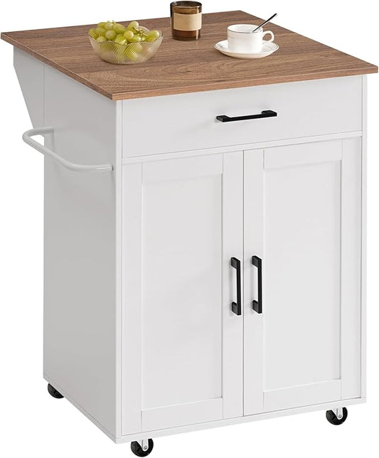 MAHANCRIS Kitchen Island on Wheels with Drop Leaf, Folding Countertop Kitchen Island Cart, Kitchen Island Table with Towel Rack, Drawer, for Kitchen, Dining Room, White and Walnut KIBZ12501