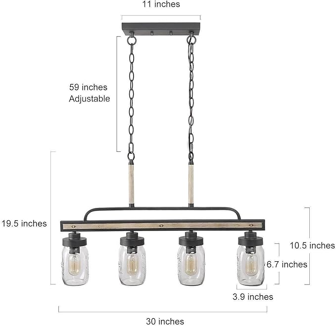 Farmhouse Chandelier, 4-Light Rustic Mason Jar Pendant Chandeliers Light Fixture for Dining Room, Linear Faux Wood Kitchen Island Lighting