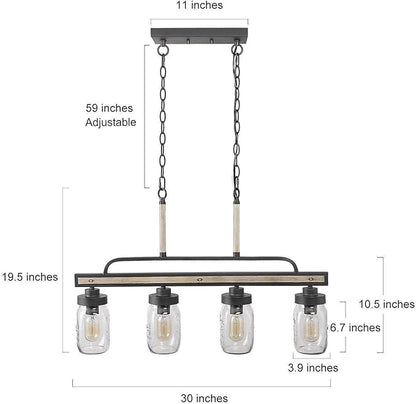Farmhouse Chandelier, 4-Light Rustic Mason Jar Pendant Chandeliers Light Fixture for Dining Room, Linear Faux Wood Kitchen Island Lighting