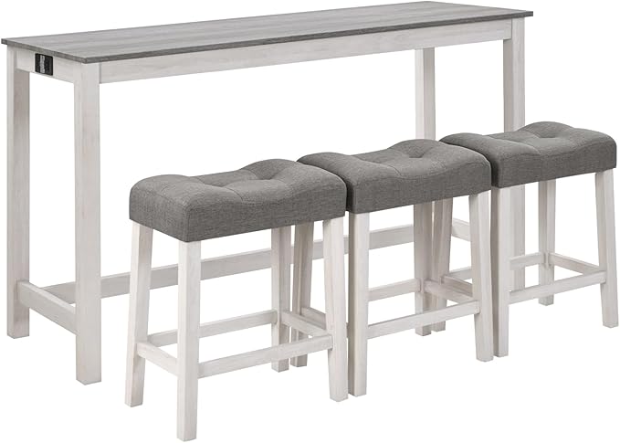 LKTART Bar Table and Chairs Set, 4 Piece Counter Height Bar Table Set with Power Outlet and 3 Upholstered Stools, Industrial Breakfast Table for Living Room, White & Grey