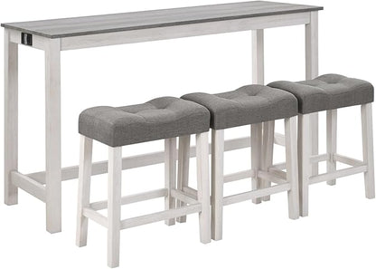 4-Piece Wooden Counter-Table Set with Power Outlet, Industrial Kitchen Dining Tables with 3 Upholstered Stools, 59 Inch Farmhouse Bar Table Chairs w/USB and Type-C Ports, White