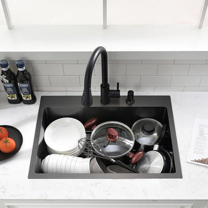 26 inch Black Drop in Kitchen Sink - VOKIM 26"x 19" Inch Drop in sink Stainless Steel Single Bowl top mount Sink With Dish Grid