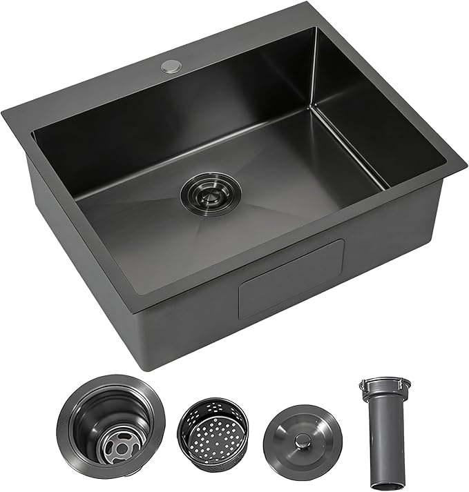 IKEBANA 25 Inch Black Drop In Kitchen Sink, 25 x 22 Inch 16 Gauge Single Bowl Stainless Steel Handmade Topmount Black Sink RV Bar Laundry Sinks