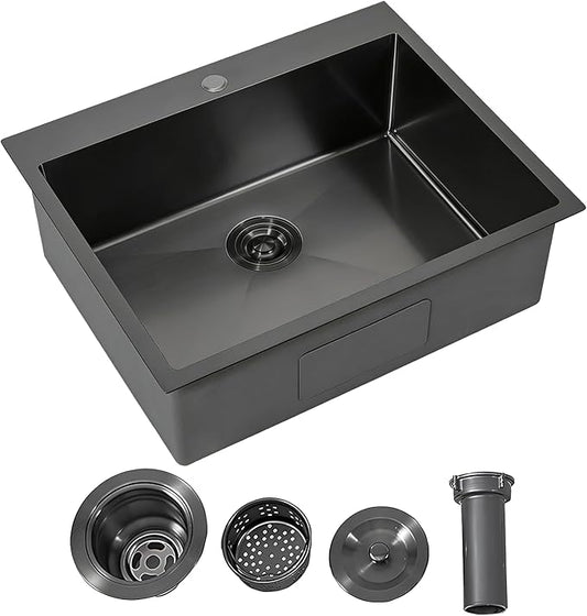 IKEBANA 25 Inch Black Drop In Kitchen Sink, 25 x 22 Inch 16 Gauge Single Bowl Stainless Steel Handmade Topmount Black Sink RV Bar Laundry Sinks