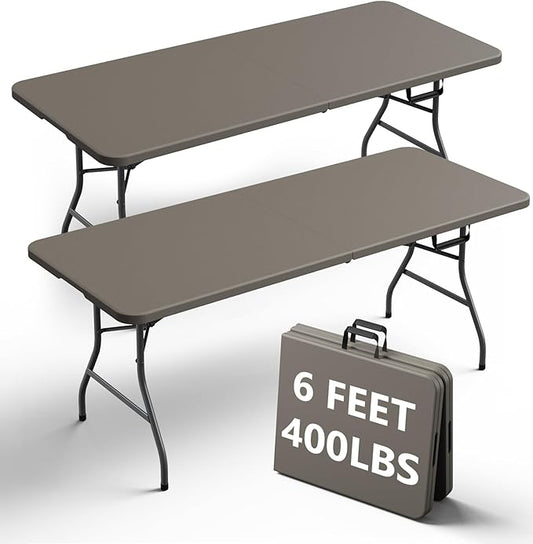 Folding Table 2 Pack, 6FT Heavy Duty Plastic Table with Handle, Foldable&Portable, Fold-in-Half Utility Tables for Outdoor, Dining, Wedding, Events, Indoor, Picnic, Camping, Party,Khaki
