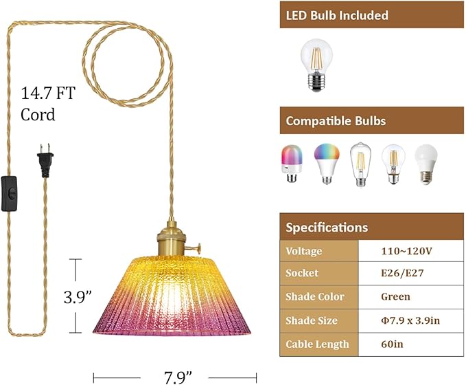 Glass Hanging Lamp Plug in Pendant Light Fixtures, Gold Pink Glass Vintage Pendant Lights Kitchen Island Dining Room Bedroom Living Room, LED Bulb Included