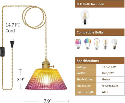Glass Hanging Lamp Plug in Pendant Light Fixtures, Gold Pink Glass Vintage Pendant Lights Kitchen Island Dining Room Bedroom Living Room, LED Bulb Included
