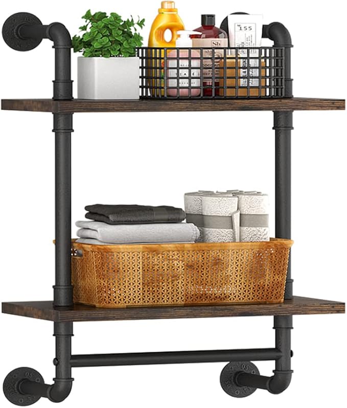Helsin Industrial Pipe Floating Bathroom Shelves Wall Mounted with Towel bar, 2 Tier Rustic Wood Wall Shelf, 16inch Metal Towel Rack Storage Bookshelf for Bathroom, Kitchen, Farmhouse, Living Room | with Towel bar, Wall Shelf, Towel Rack, Storage Books...