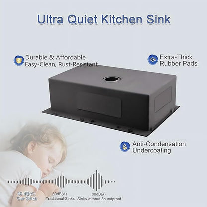 33 Inch Drop In Kitchen Sink, Top mount SUS304 Stainless Steel Nano Gunmetal Black Single Bowl Sink, Prep Kitchen, Bar 33 x 19 x 9 inch