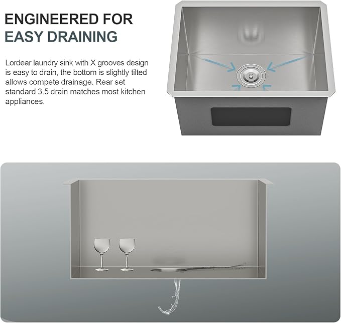 Lordear 24 Laundry Sink Stainless Steel - 24" x 19" x 13" Undermount Sink Single Bowl 16 Gauge Stainless Steel Deep Laundry Room Utility Sinks Handmade Under Counter Kitchen Basin