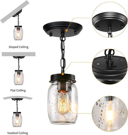 2 Pack Mason Jar Light Fixtures, 1-Light Kitchen Island Light Glass Jar Chandelier Farmhouse Pendant Lighting Fixture Close to Ceiling for Dining Room Sink Barn Foyer Stairway