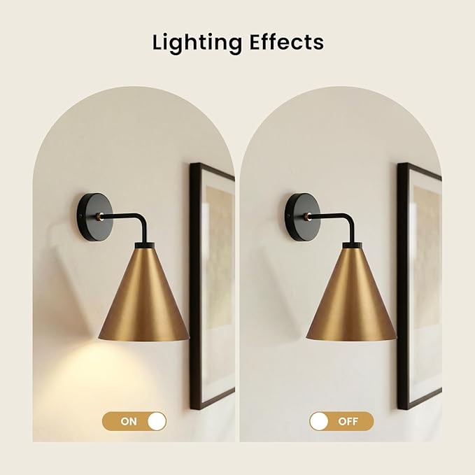 Vintage Modern Metal Conical Wall Sconce - Retro Gold Wall Lamp, Decorative Inspired Cone Black Wall Mount Lighting Fixture for Bedroom, Living Room, Hallway(9.8“L x 9.8" W x 12.5" H Gold)