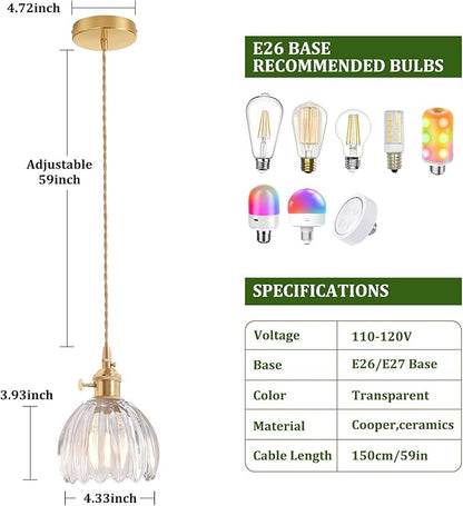 Shenmoyl Pendant Light 2 Pack with Clear Tulip Glass Lmapshade, Brass Vintage Pendant Light Adjustable Hanging Light for Kitchen Island Dining Room Hallway