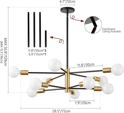 KAISITE Modern Chandelier Dining Room Light Fixture Over Table 10-Light Sputnik Chandelier Ceiling Light Fixture Height Adjustable Black and Gold Mid Century Pendant Lighting for Kitchen Living Room