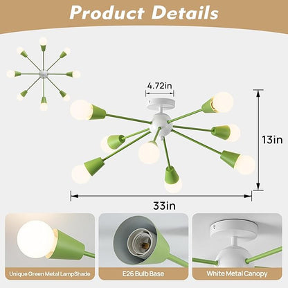 Green Sputnik Ceiling Light Fixture, 8-Lights Modern Sputnik Chandeliers for Dining Room,Indoor Kitchen Island Lighting for Bedroom Porch Entryway Living Room
