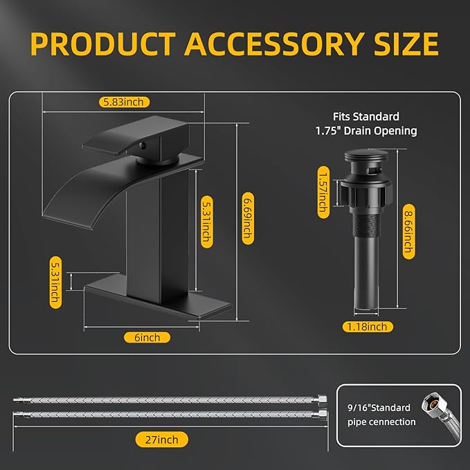 Ryuwanku Bathroom Faucet Matte Black Modern Waterfall Bathroom Sink Faucet with Single Handle Suitable for 1 or 3 Holes,Supply Deck Plate and Hose
