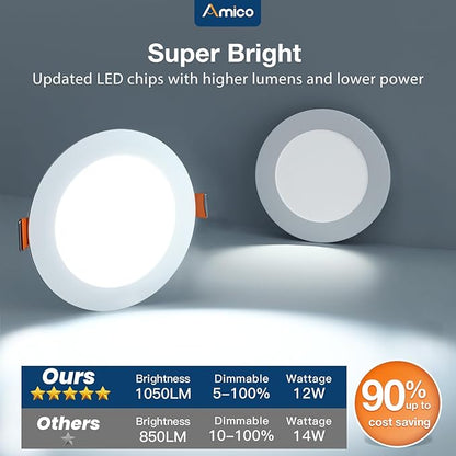 Amico 1 Pack 6 Inch 5CCT Ultra-Thin LED Recessed Ceiling Light with Junction Box, 2700K/3000K/3500K/4000K/5000K Selectable, 12W Eqv 110W, Dimmable Canless Wafer Downlight, 1050LM High Brightness -ETL
