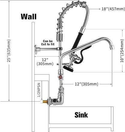 25" Height Commercial Faucet Wall Mount with Sprayer 8" Adjustable Center 12" Swing Spout, Wall Mount Kitchen Sink Faucet with Pull Down Pre-Rinse Sprayer for 1/2 Compartment Sink
