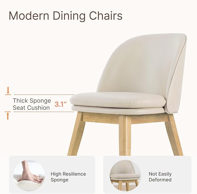 KISLOT Wooden Dining Chairs Set of 4, Faux Leather Upholstered Modern Dining Room Chairs with Double-Layer Thick Seat Cushion & Ergonomic Backrest for Restaurant, Kitchen and Café, Beige, 2 Boxs