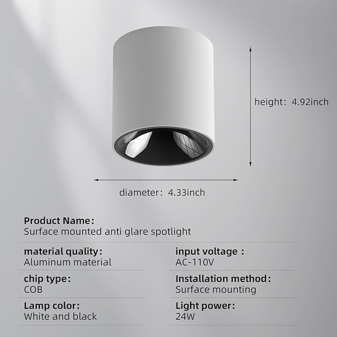 JAYMP Modern LED Ceiling Spotlight 3000K Dimmable 24W White Surface Mount Cylinder Down Light for Living Room Hallway Laundry Room