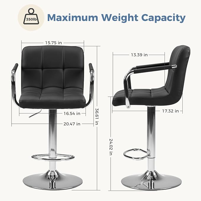 DUMOS Bar Stools Set of 4, Adjustable Swivel Bar Chairs with Padded Armrests and Ergonomic Backrest for Kitchen Island Counter Pub Dining Room, Water-Resistant PU Leather, Black