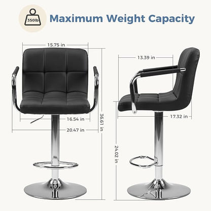 DUMOS Bar Stools Set of 4, Adjustable Swivel Bar Chairs with Padded Armrests and Ergonomic Backrest for Kitchen Island Counter Pub Dining Room, Water-Resistant PU Leather, Black
