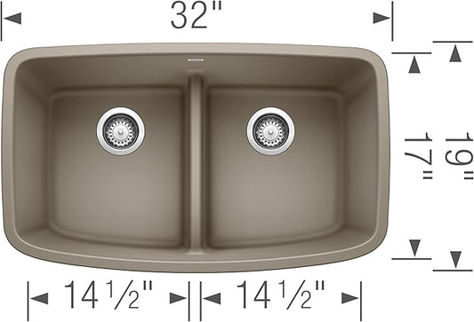 Valea Equal Double Bowl Kitchen Sink with Low Divide, Truffle