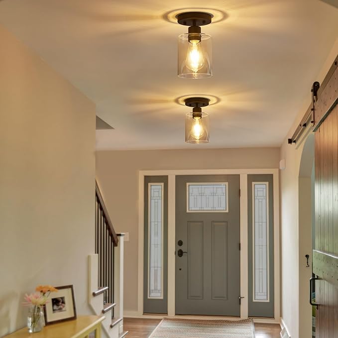 YYT Small Kitchen Ceiling Lights Black Hallway Light Fixtures Hallway Light Fixtures Ceiling Black 1-Light Semi Flush Mount Ceiling Light Single Light Fixture with Clear Glass Shade Pack of 3