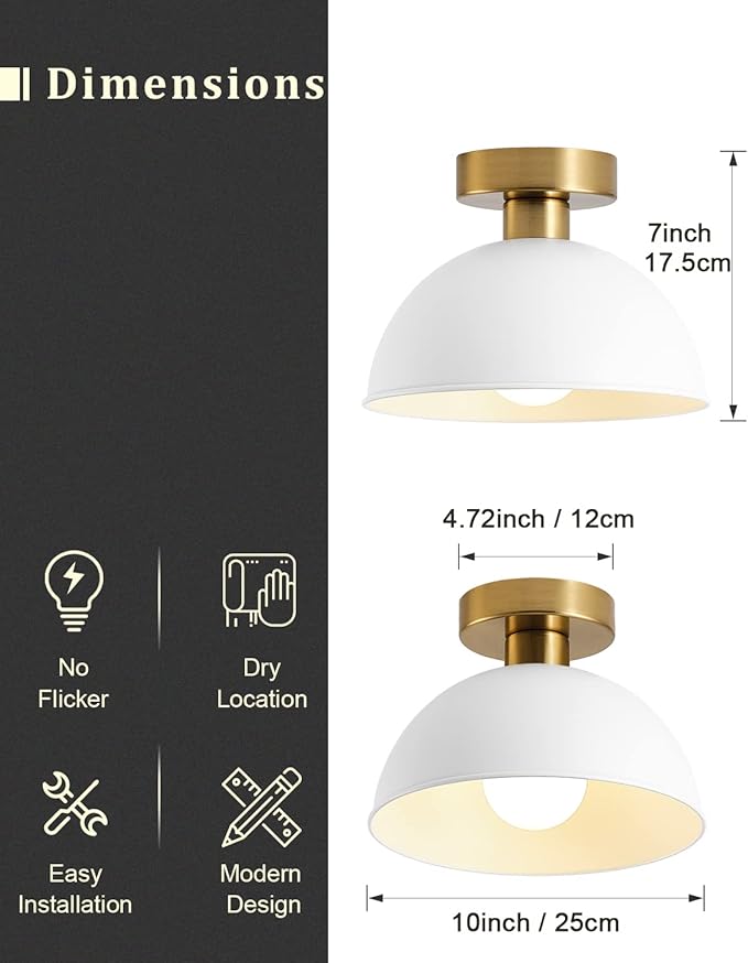 3-Pack Industrial Semi Flush Mount Ceiling Light with Gold Plate and White Shade, Farmhouse Ceiling Light Fixture for Kitchen Island Dining Room Foyer Hallway Porch Barn Loft，10in