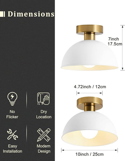 2-Pack Industrial Semi Flush Mount Ceiling Light with Gold Plate and White Shade, Farmhouse Ceiling Light Fixture for Kitchen Island Dining Room Foyer Hallway Porch Barn Loft，10in
