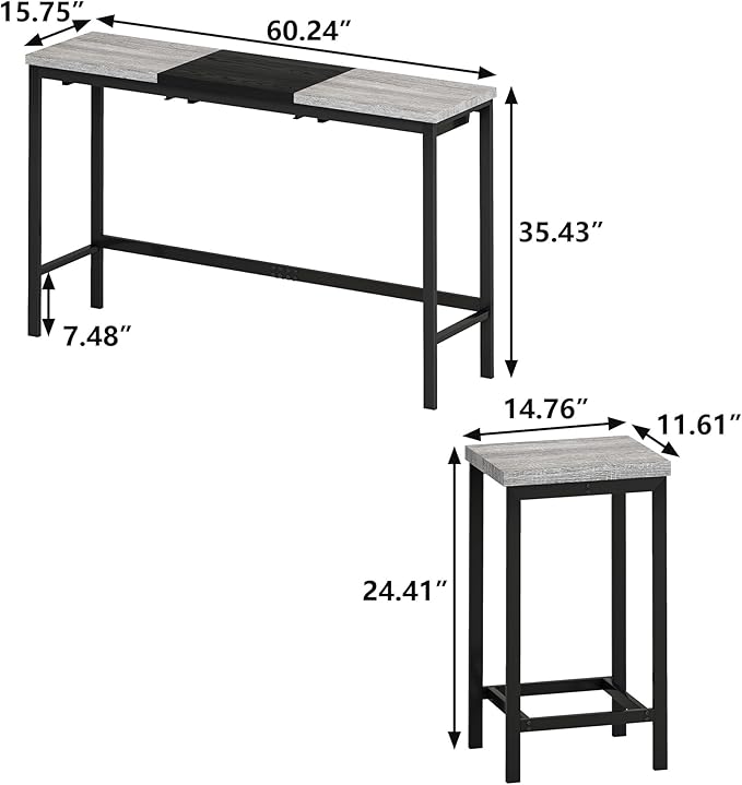 Merax 4 Piece Block-Color Pub Dining Table Set,Modern Bar Table Set with 60.24 Long Dining Table w/Hanging Stool Design and 3 Stools,for Breakfast Nook Living Room Small Space Restaurant,Grey+Black