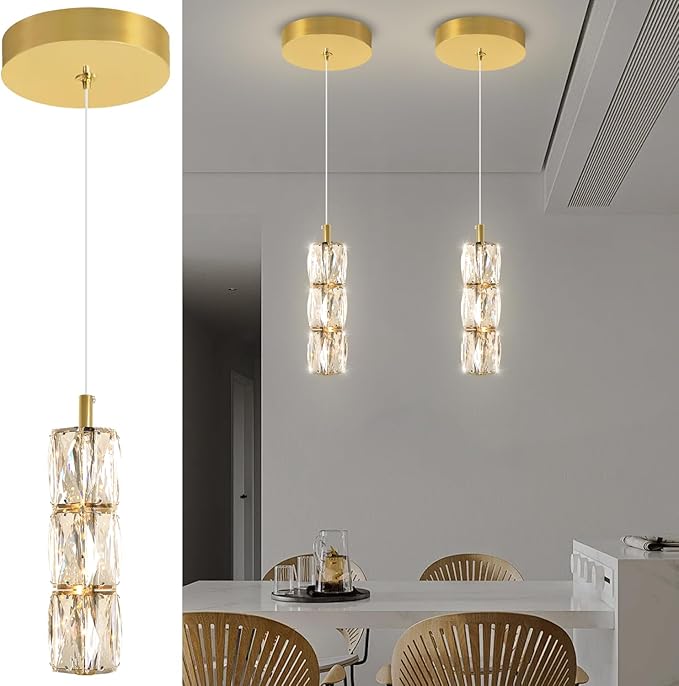 ykolupty Pendant Lights Kitchen Island Single Head Gold Crystal Island Lights Dining Foyer Entrance Modern Chandeliers LED Dimmable 2700-6000K