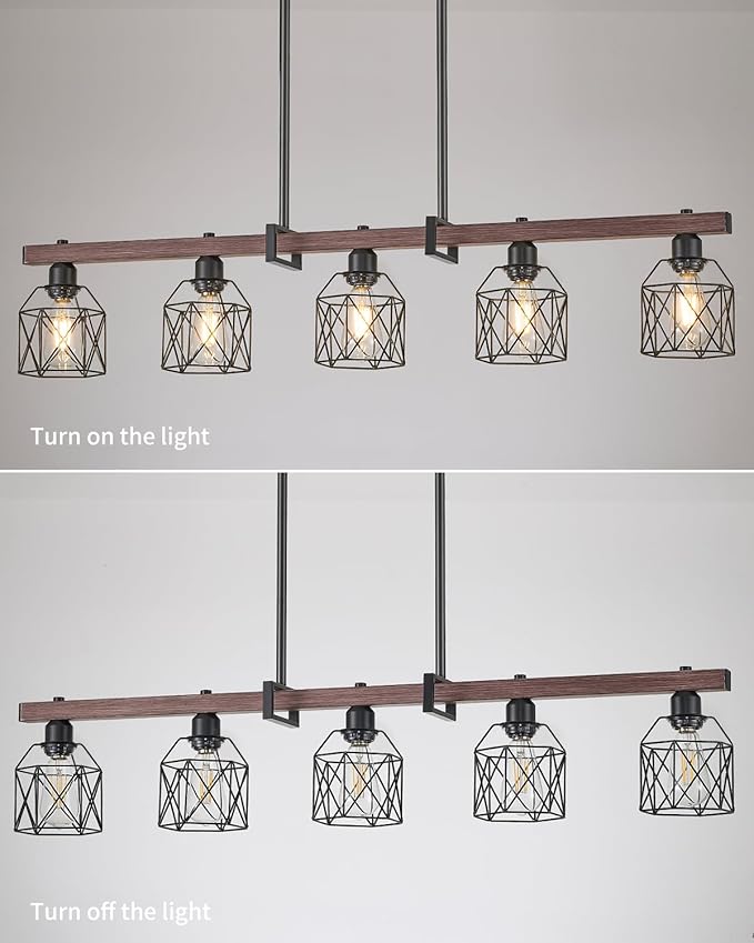 5-Light Industrial Kitchen Island Lighting with Wood Grain Bar and Black Metal Cage, Farmhouse Rustic Hanging Ceiling Lamp for Dining Room, Living Room