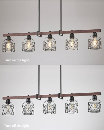 5-Light Industrial Kitchen Island Lighting with Wood Grain Bar and Black Metal Cage, Farmhouse Rustic Hanging Ceiling Lamp for Dining Room, Living Room