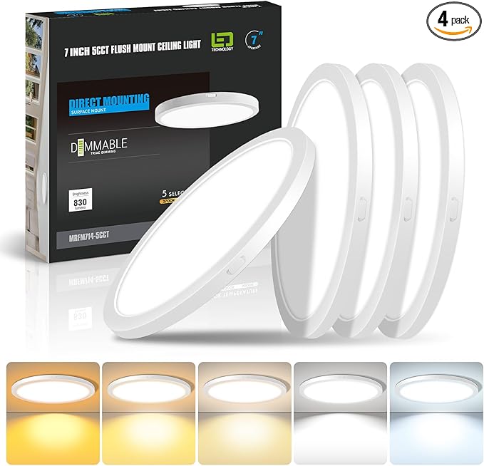 mw 4 Pack 7 Inch Flush Mount LED Ceiling Light Fixture, 14W, 120V, Dimmable, 2700K/3000K/3500K/4000K/5000K Selectable,90+ CRI, Low Profile Ceiling Light for Bedroom Hallway, ETL Certification