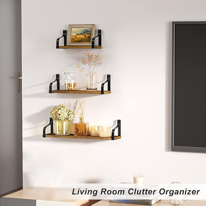 Love-KANKEI Floating Storage Wall Shelves Mounted Set of 3, Rustic Wood for Bedroom, Living Room, Bathroom, Kitchen and More Light Walnut
