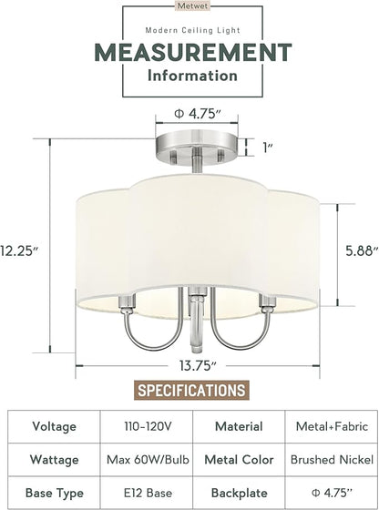 4-Light Semi Flush Mount Ceiling Light, 13.5" Vintage Light Fixtures Ceiling Mount with Fabric Shade in Quatrefoil for Kitchen Entryway Hallway Bedroom, Brushed Nickel, SM179-BN