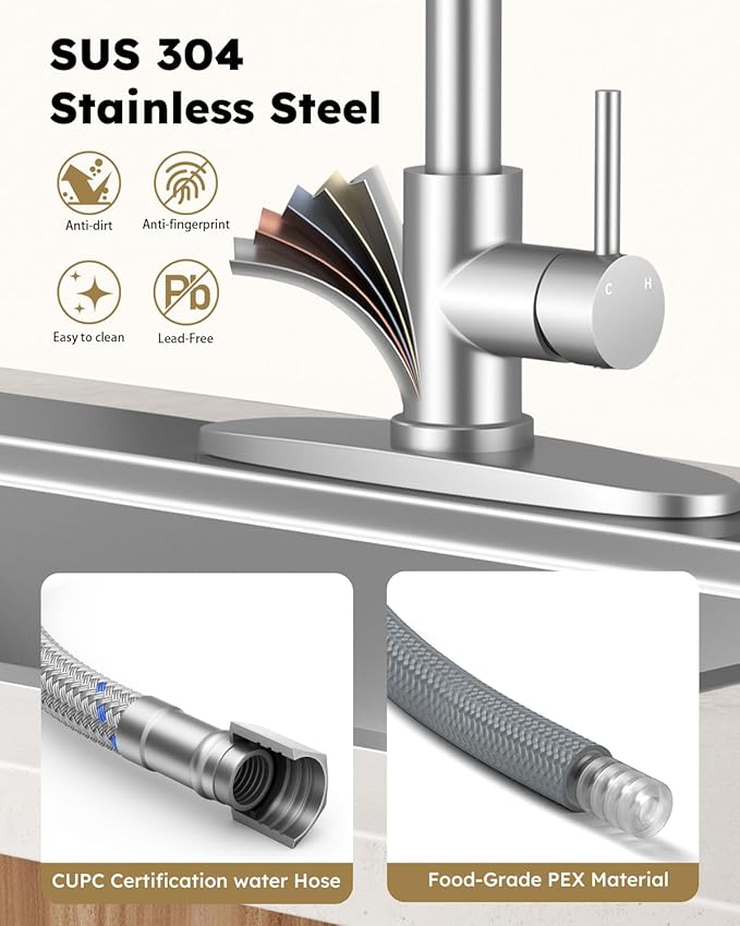 Arofa Kitchen Faucet with Pull Down Sprayer, Brushed Nickel Kitchen Sink Faucet 1-3 Hole Single Handle High Arc Stainless Steel Commercial Modern Kitchen Faucets for RV/Laundry/Outdoor/Bathroom Sink