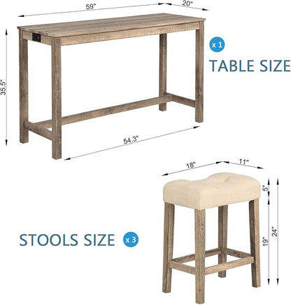 LKTART Bar Table and Chairs Set of 4, Bar Height Dining Table Set with Power Outlet and 3 Padded Stools Industrial Breakfast Table Set for Living Room, Small Space, Brown