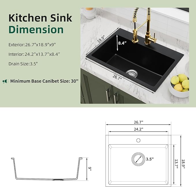 Davivy 27 inch Black Granite Composite Kitchen Sink, 27 x19 Black Quartz Topmount/Drop In Kitchen Sink, Single Bowl Design