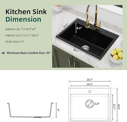 Davivy 27 inch Black Granite Composite Kitchen Sink, 27 x19 Black Quartz Topmount/Drop In Kitchen Sink, Single Bowl Design