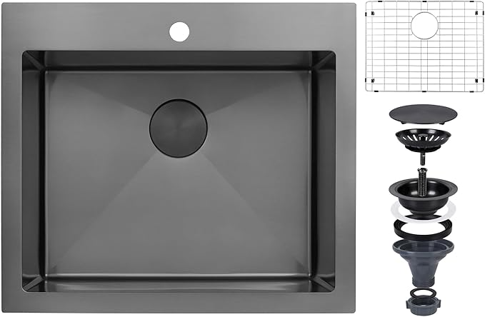 Black Kitchen Sink 25"x22",Drop In Laundry Utility Sink,25 Inch Black Sink 16 Gauge Stainless Steel,Top Mount Single Bowl Deep Kitchen Sinks