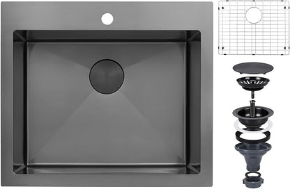 Black Kitchen Sink 25"x22",Drop In Laundry Utility Sink,25 Inch Black Sink 16 Gauge Stainless Steel,Top Mount Single Bowl Deep Kitchen Sinks